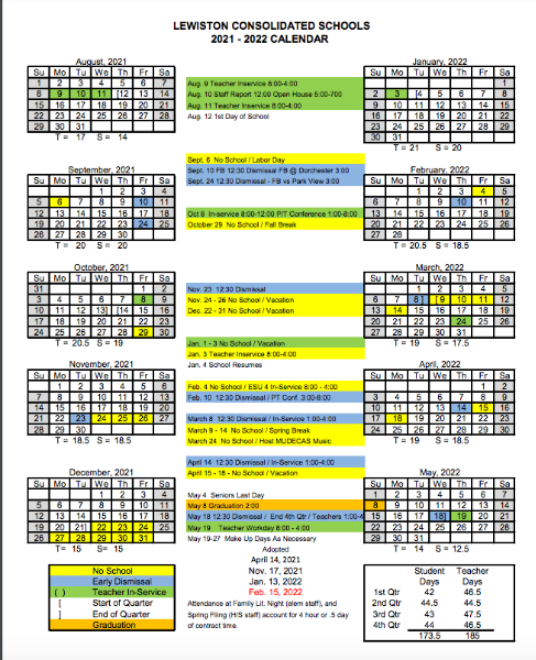 Lewiston School - Lewiston Revised Master Calendar 2021 - 2022